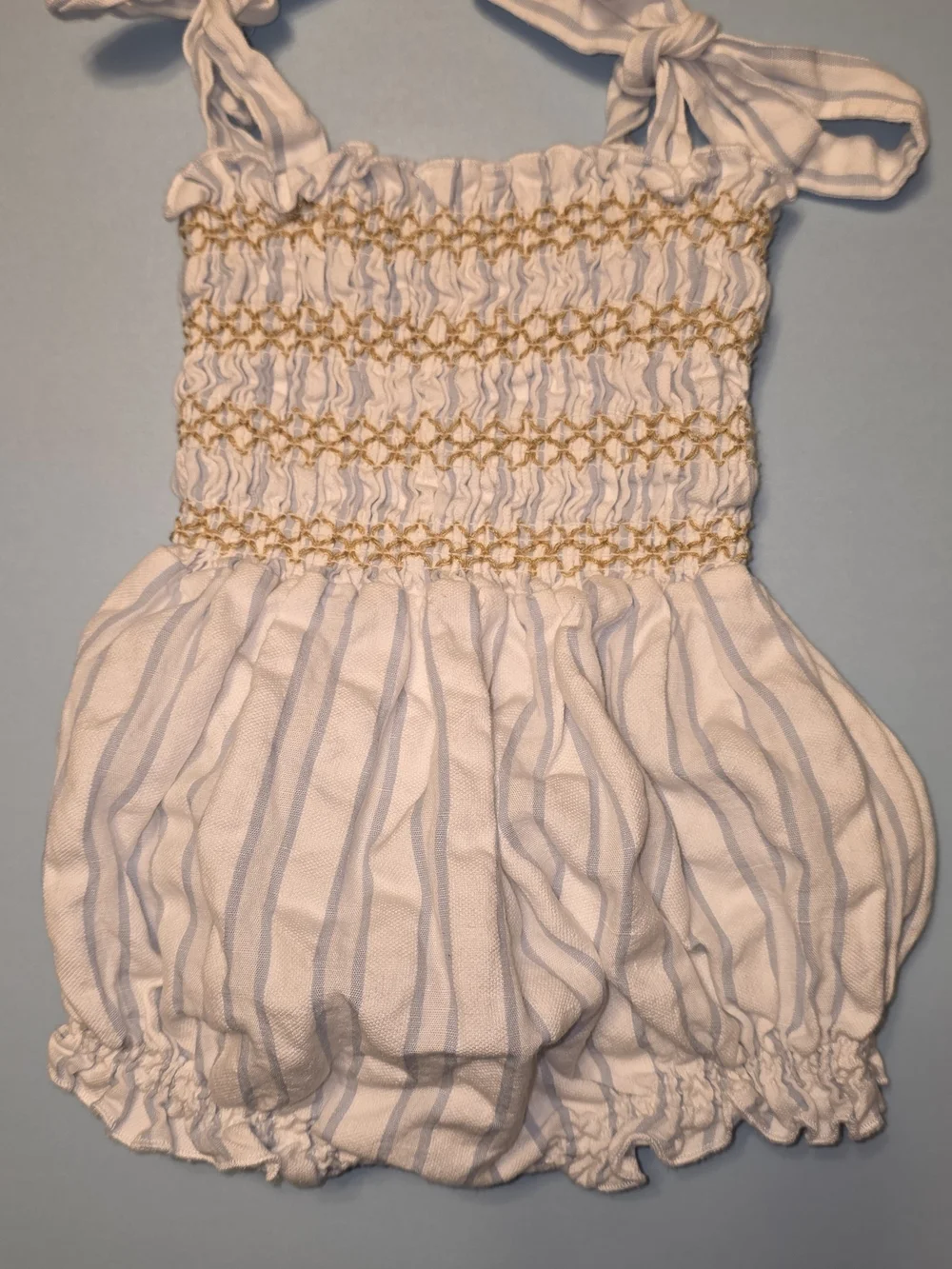 LIILU Striped Smocked Baby One-Piece Romper in White and Light Blue 6 Months